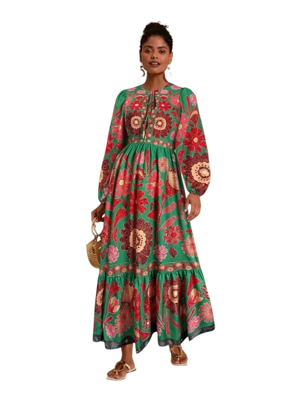 Green Floral Tie-Neck Maxi Dress with Puff Sleeves